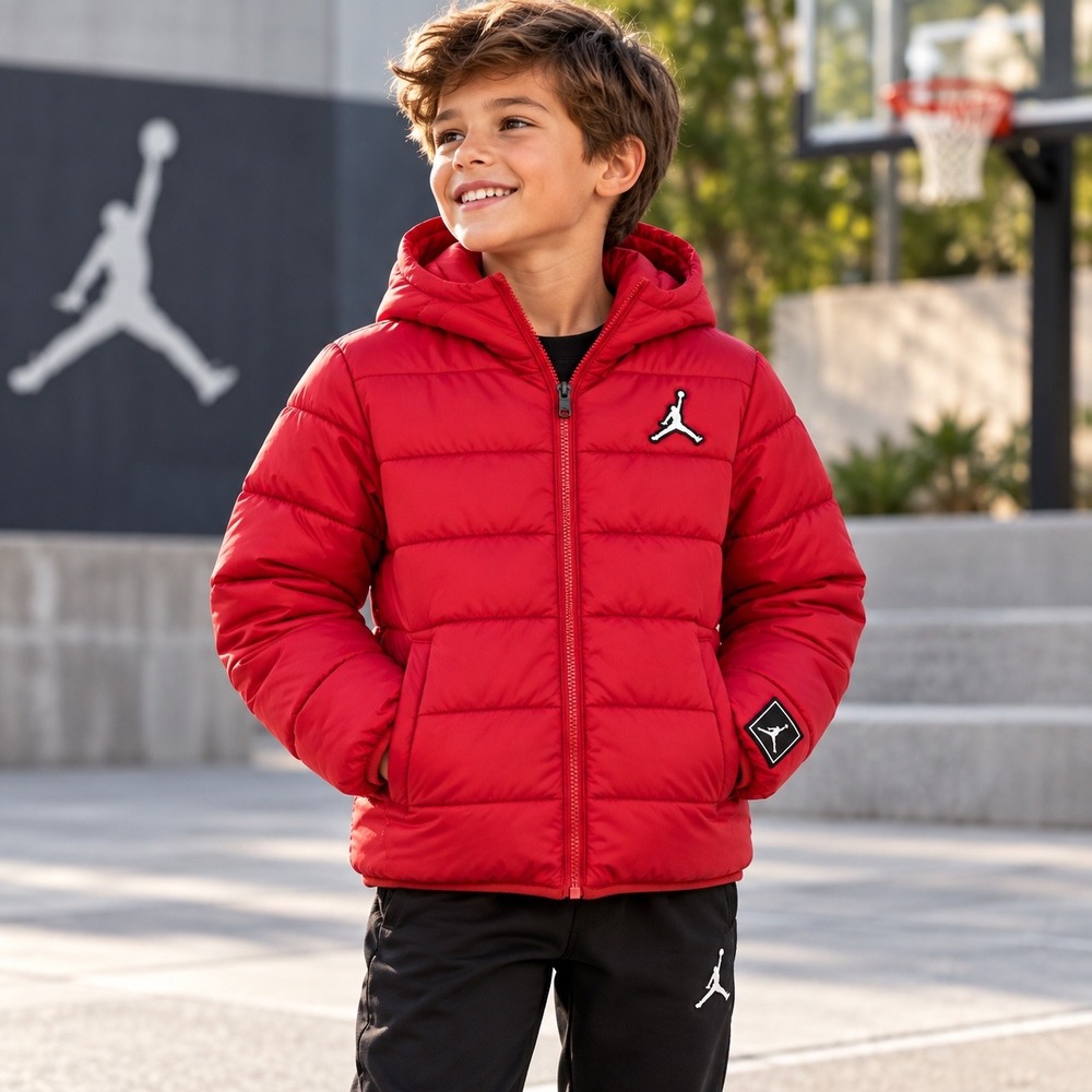 Jordan Kids Red Hooded Puffer Jacket Jumpman Boys Size Small 8-10 Years